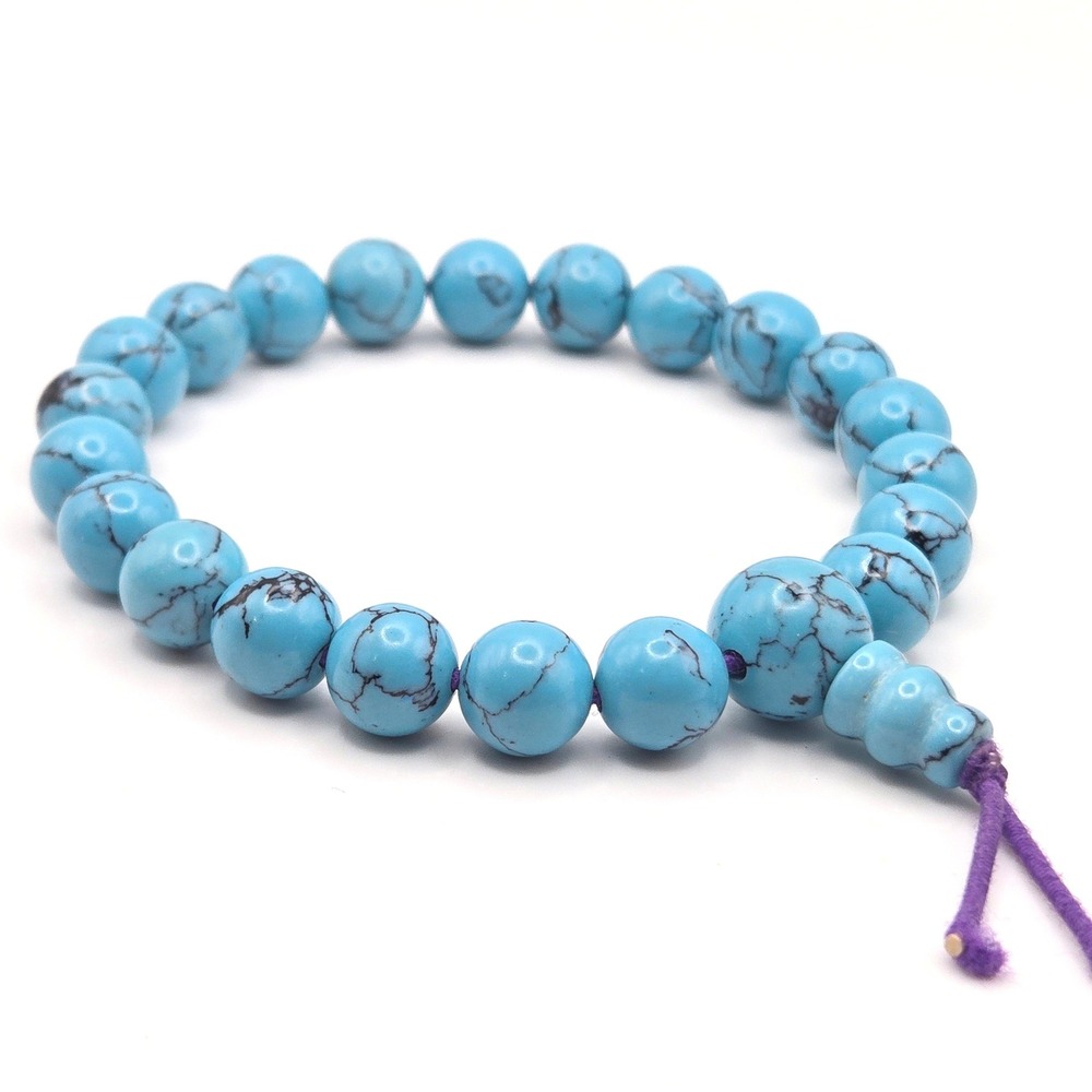 Turquoise Blue Dyed Howlite 8mm Stone Beaded Mala Bracelet Purple Stretchy‎ Cord